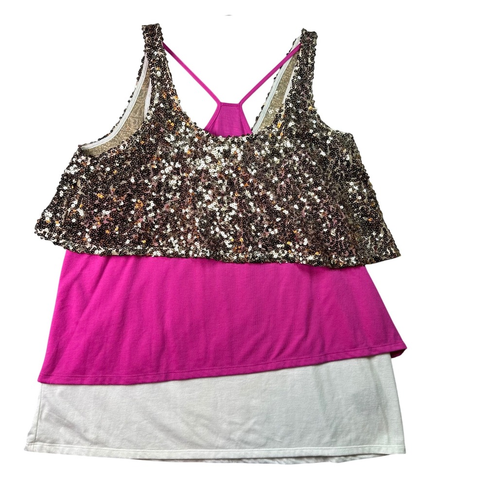 Rock & Republic Y2K Sequin Layered Tank Top Pink White Racerback Glam Large